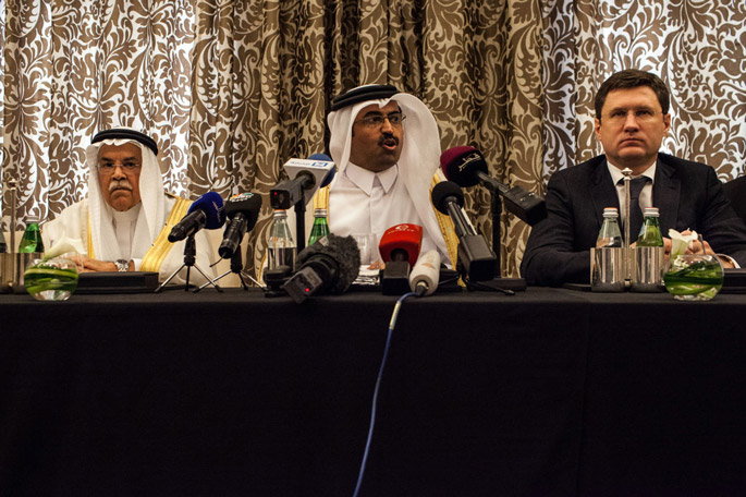 Qatar’s Minister of Energy and Industry Mohammed Saleh al-Sada (centre), Saudi Arabia’s minister of Oil and Mineral Resources Ali al-Naimi (left), and Russia’s Energy Minister Alexander Novak (right) attend a press conference on February 16, 2016, in the Qatari capital Doha. (Olya Morvan/AFP/Getty Images)