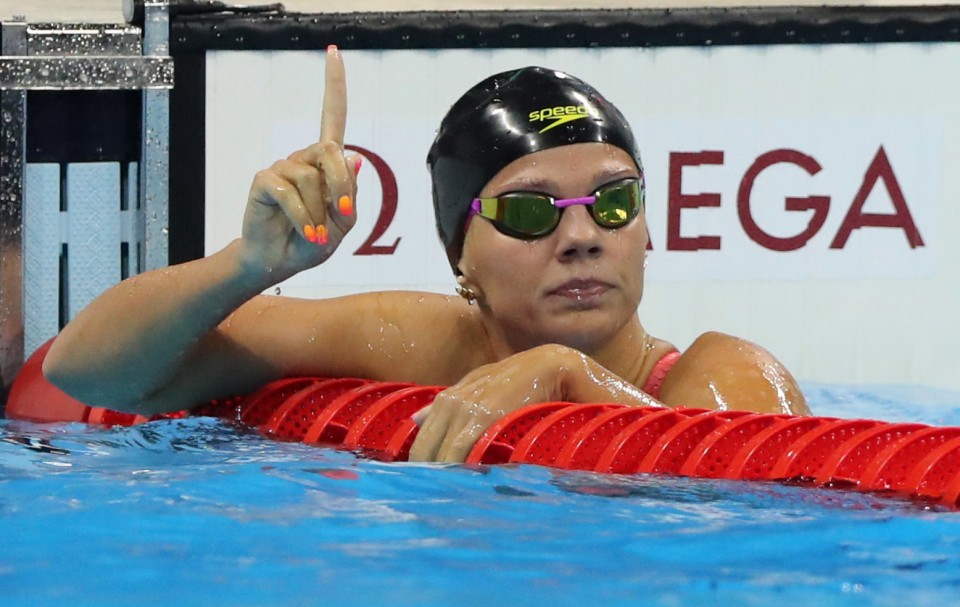 Yulia Efimova gestures that she’s “No1.”